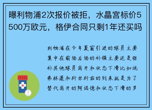 曝利物浦2次报价被拒，水晶宫标价5500万欧元，格伊合同只剩1年还买吗